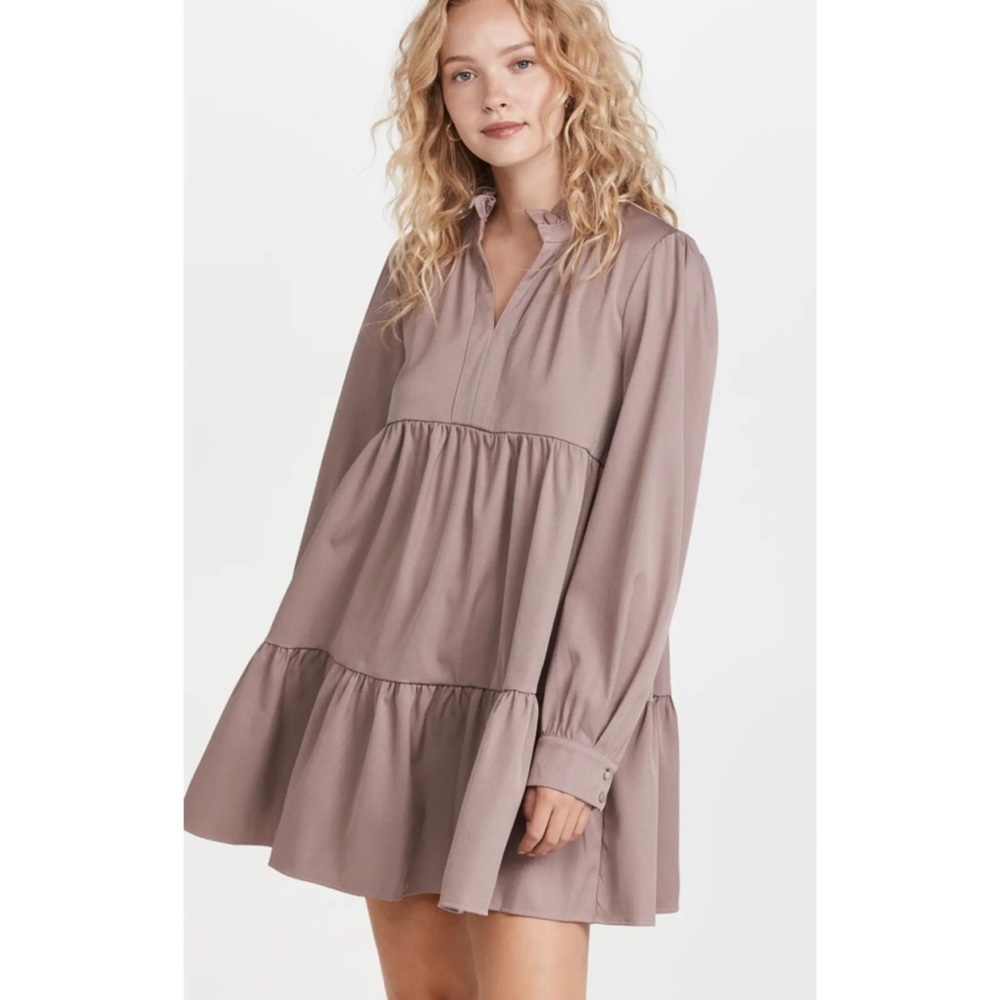 En Saison Tiered Babydoll Dress Peasant Band Collar Long Sleeve Mushroom M - Picture 12 of 16